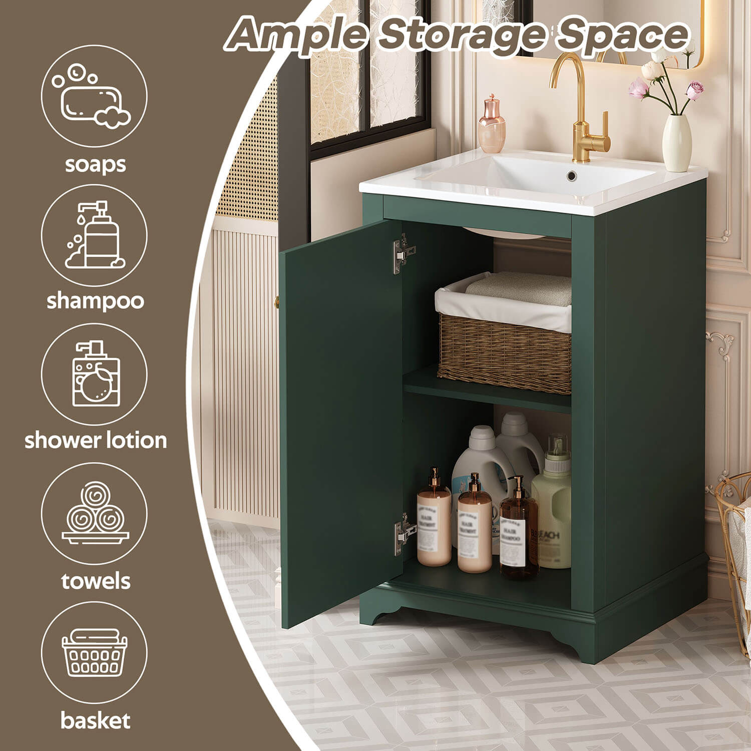 storage space display of 20 inch Freestanding Bathroom cabinet