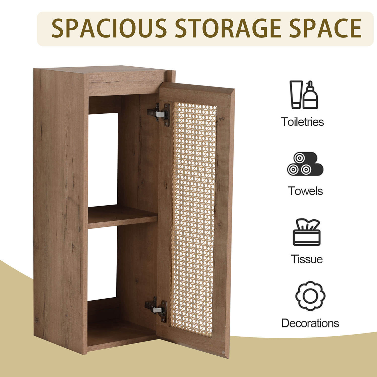 storage space of 12 inch White Oak Bathroom Wall Cabinet Rattan Door and Shelves