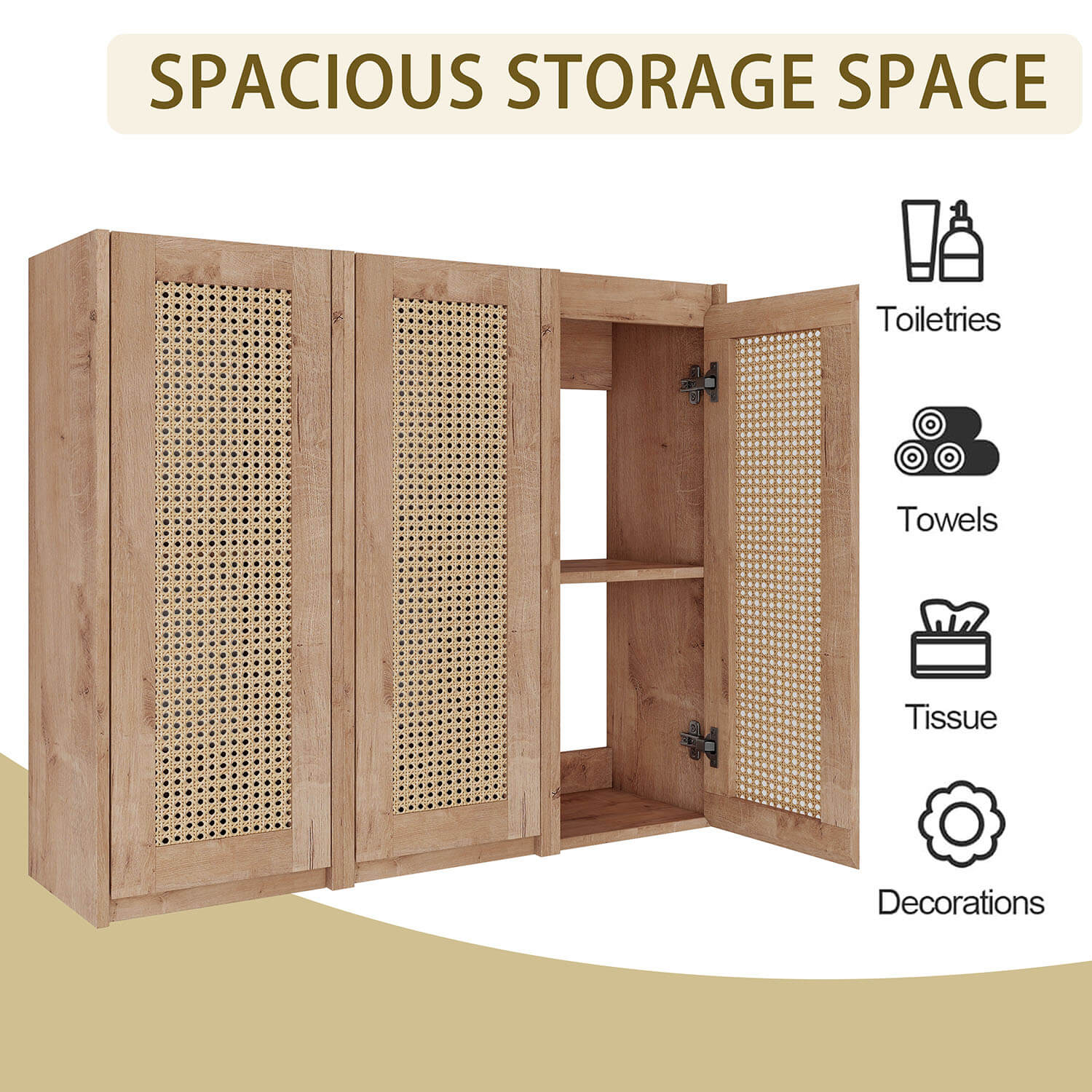 storage space of 36 inch White Oak Bathroom Wall Cabinet with Rattan Door and Shelves