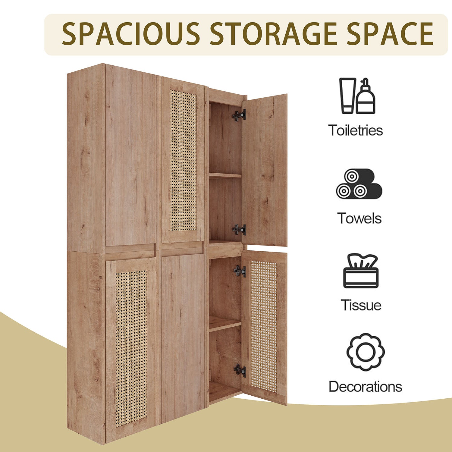 storage space of 36 inch White Oak Bathroom Wall Cabinet with Six Doors and Shelves
