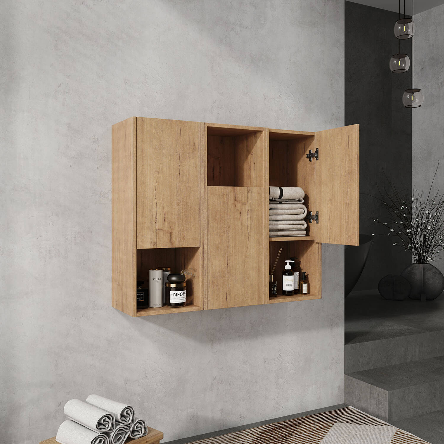 storage space of 36 inch White Oak Bathroom Wall Cabinet with Soft Close Doors and Open Shelves