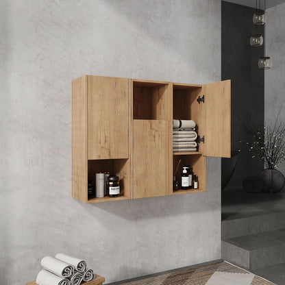 storage space of 36 inch White Oak Bathroom Wall Cabinet with Soft Close Doors and Open Shelves