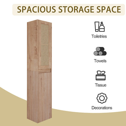 storage space of 59 inch Tall White Oak Bathroom Wall Cabinet with Rattan Door and Shelves