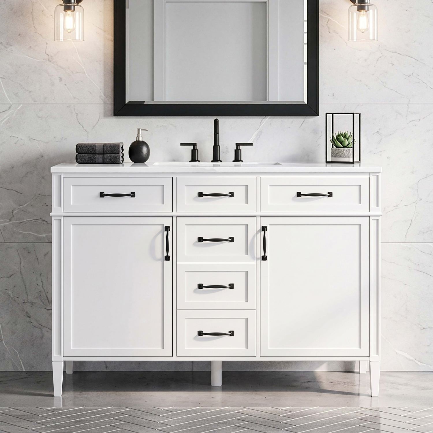 straight front view modern 48 inch white freestanding single sink bathroom vanity with black hardware