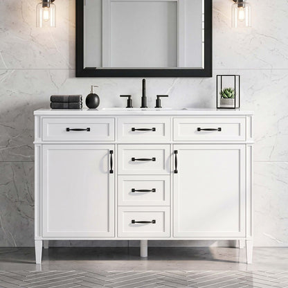 straight front view modern 48 inch white freestanding single sink bathroom vanity with black hardware