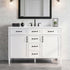 straight front view modern 48 inch white freestanding single sink bathroom vanity with black hardware