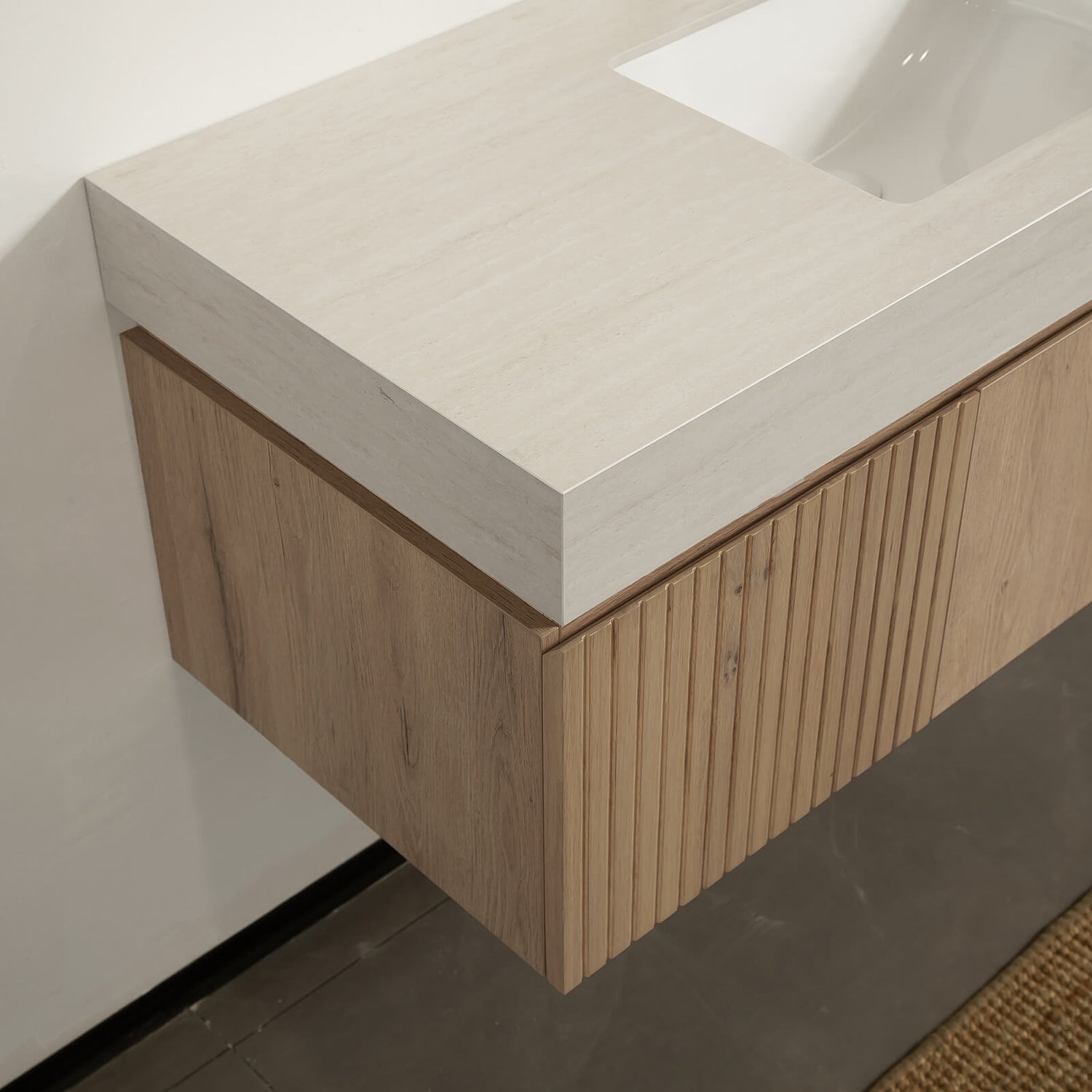stripe textured drawer front on white oak bathroom vanity