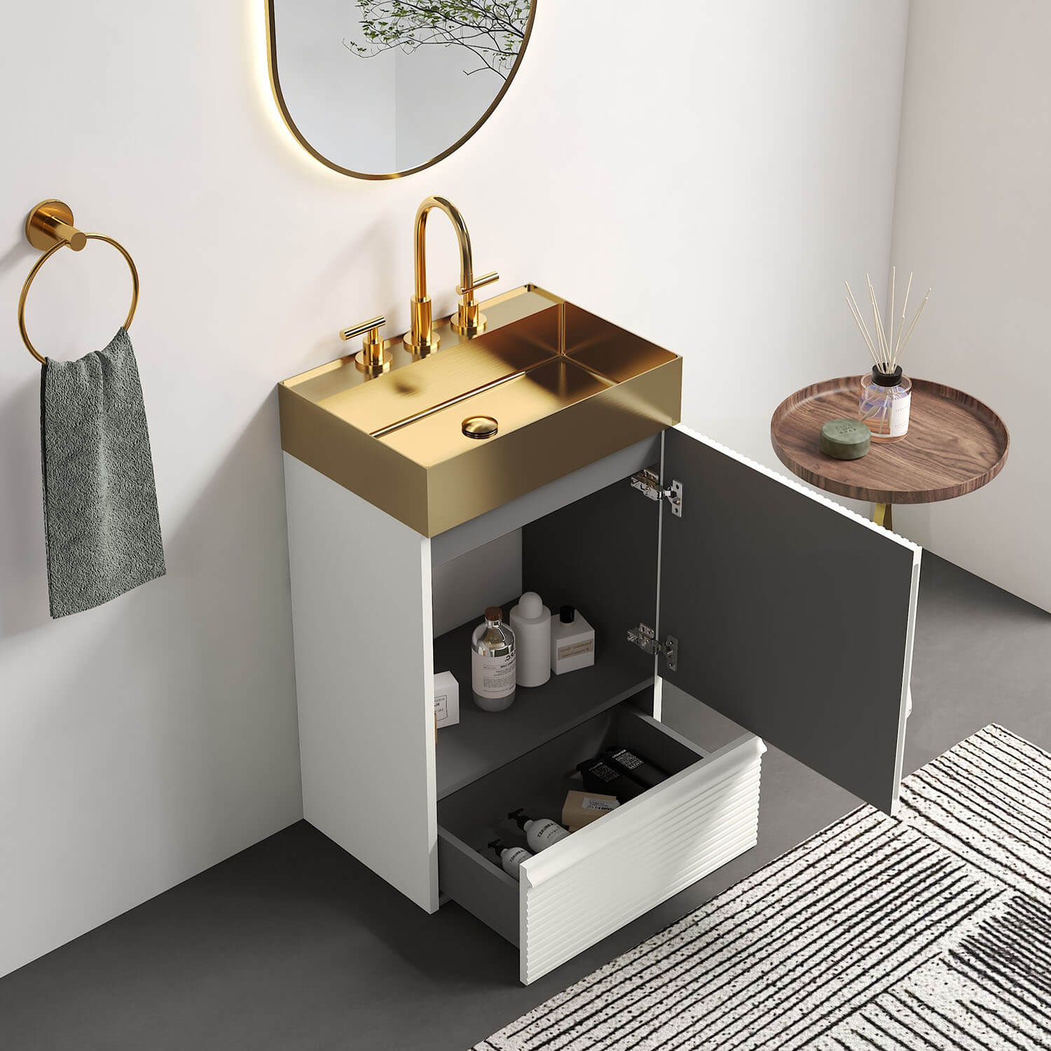 striped white cabinet compact storage powder room setup
