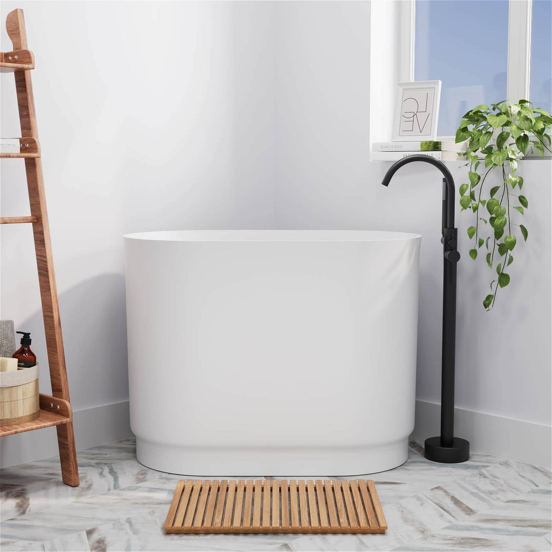 39&quot; Solid Surface Oval Japanese Soaking Tub with Integrated Seat