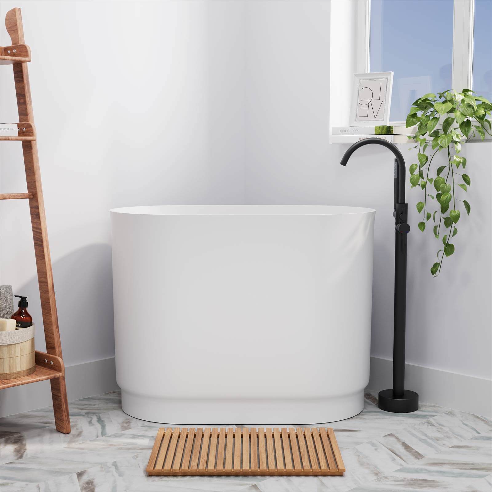 39&quot; Solid Surface Oval Japanese Soaking Tub with Integrated Seat