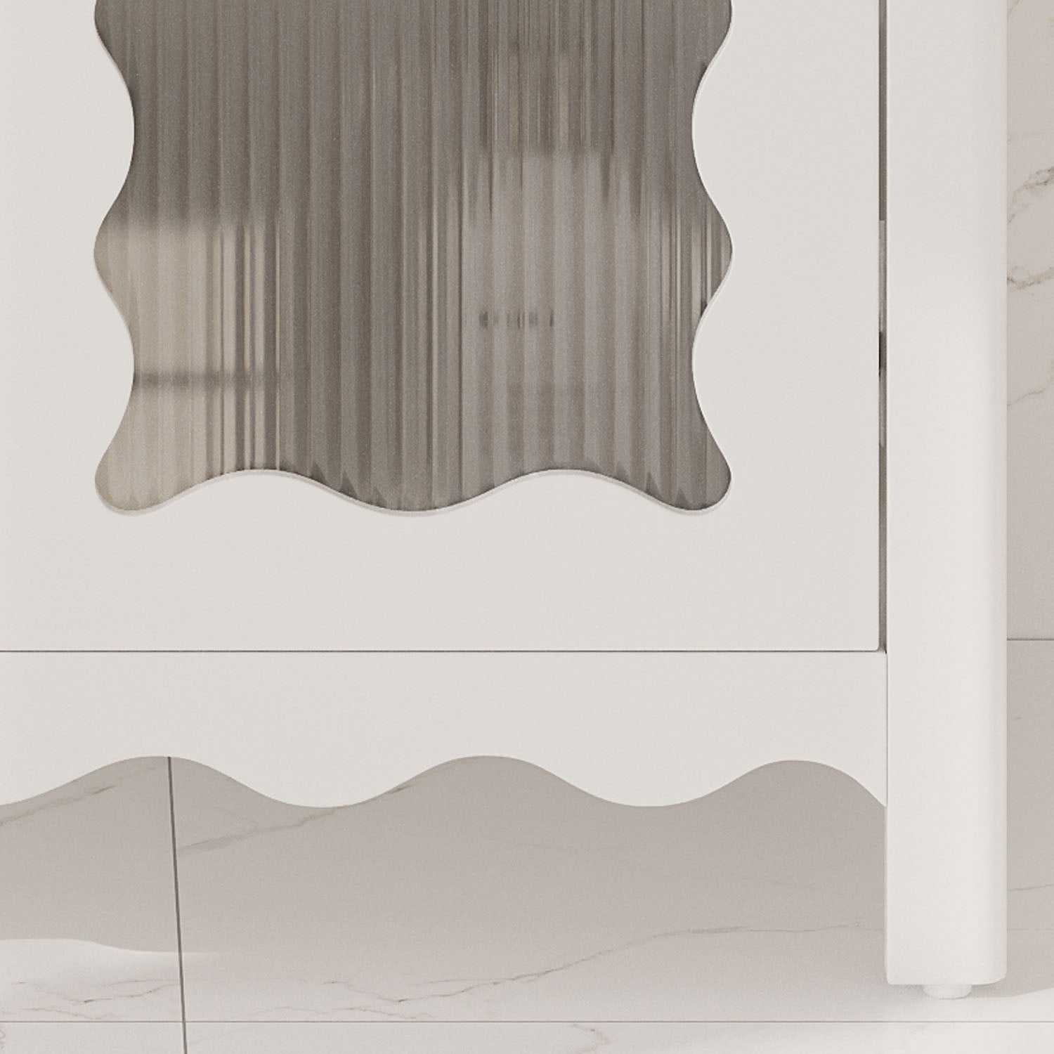 tapered leg detail on freestanding white bathroom vanity
