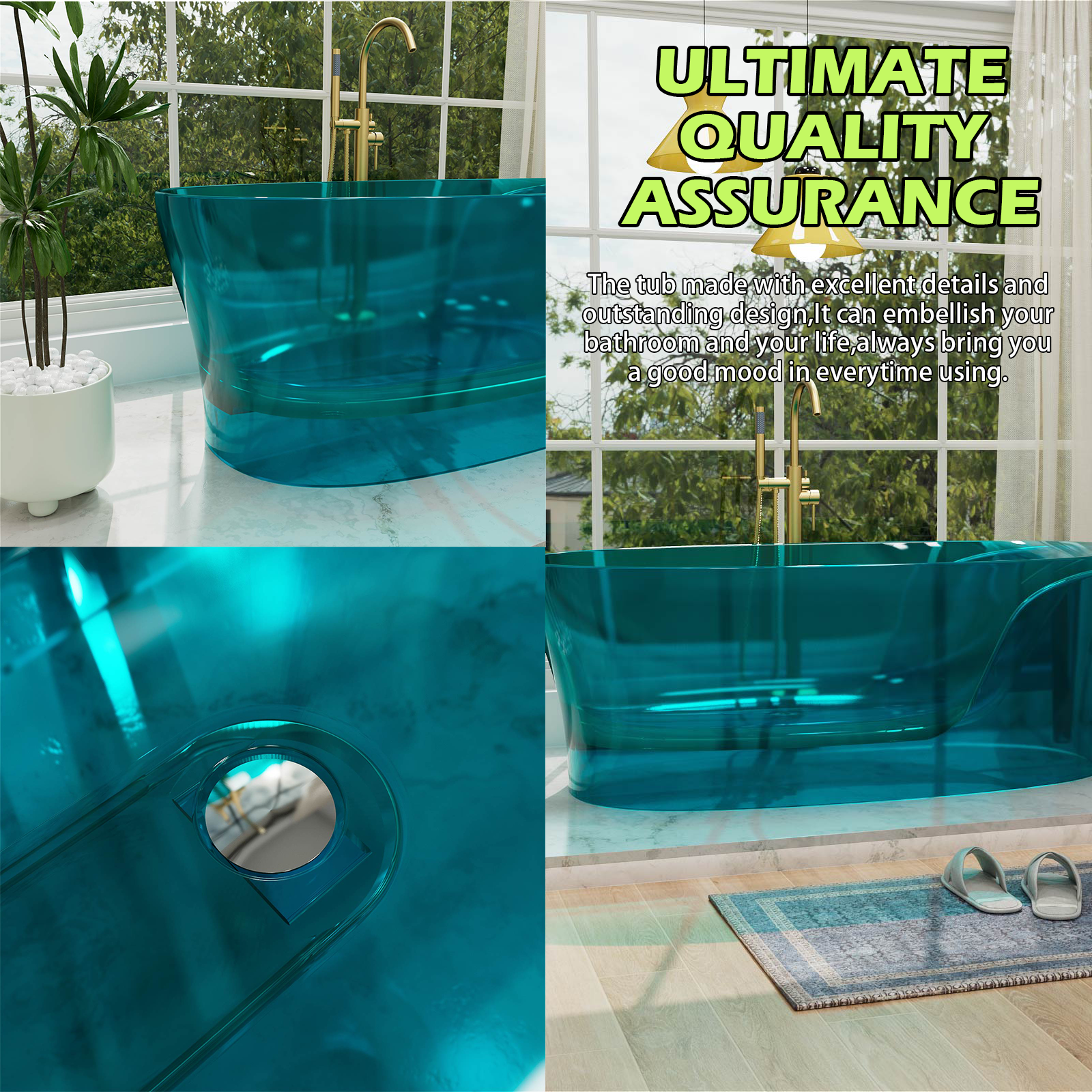 teal resin soaking tub with ergonomic curves and deep comfort