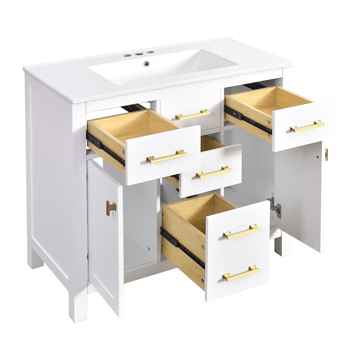 the 36inch bathroom vanity featuring four storage drawers with gold hardware