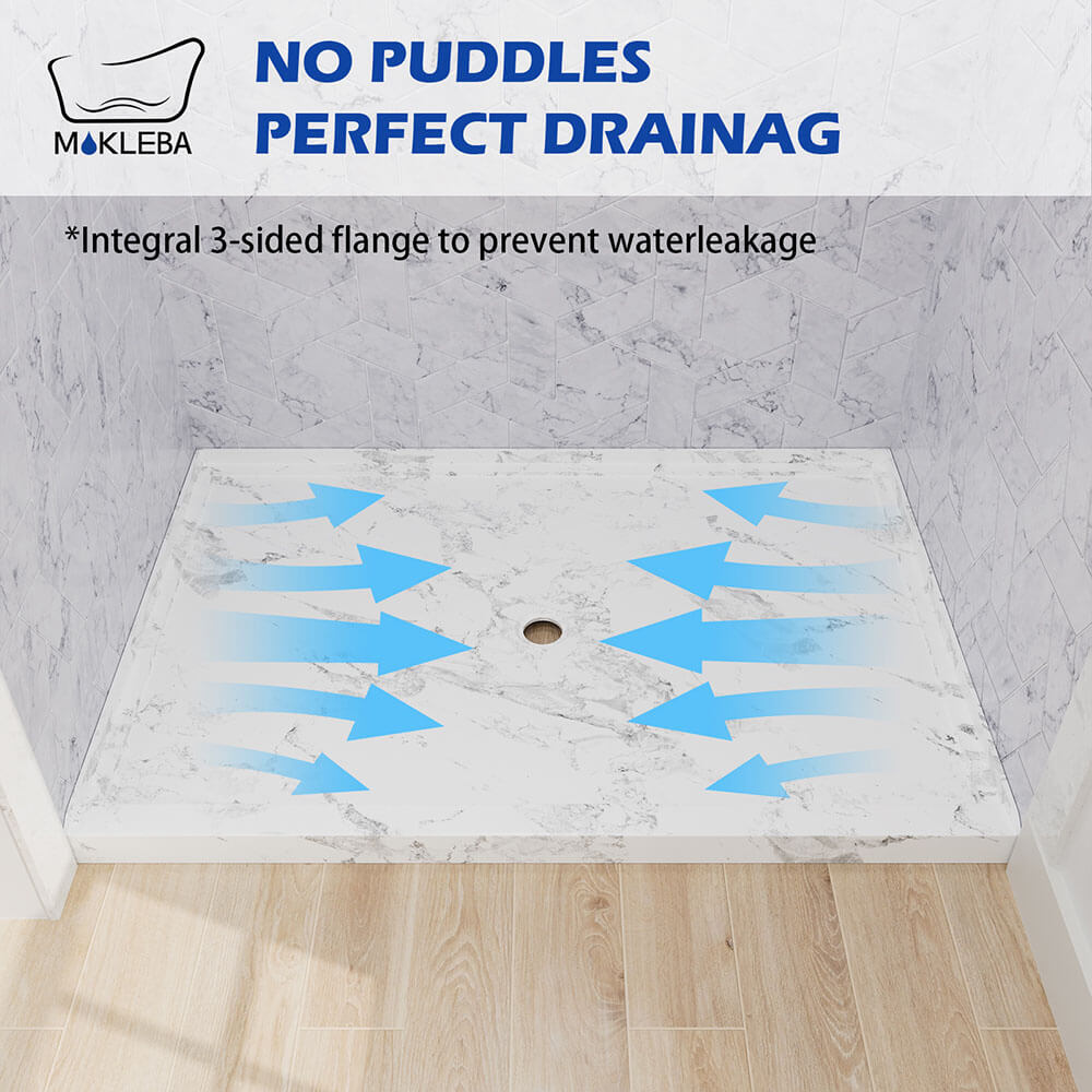 the integrated 3-side tile flange on  marble look center drain shower base