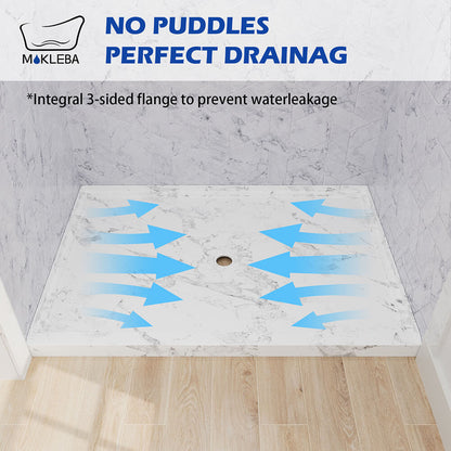 the integrated 3-side tile flange on  marble look center drain shower base