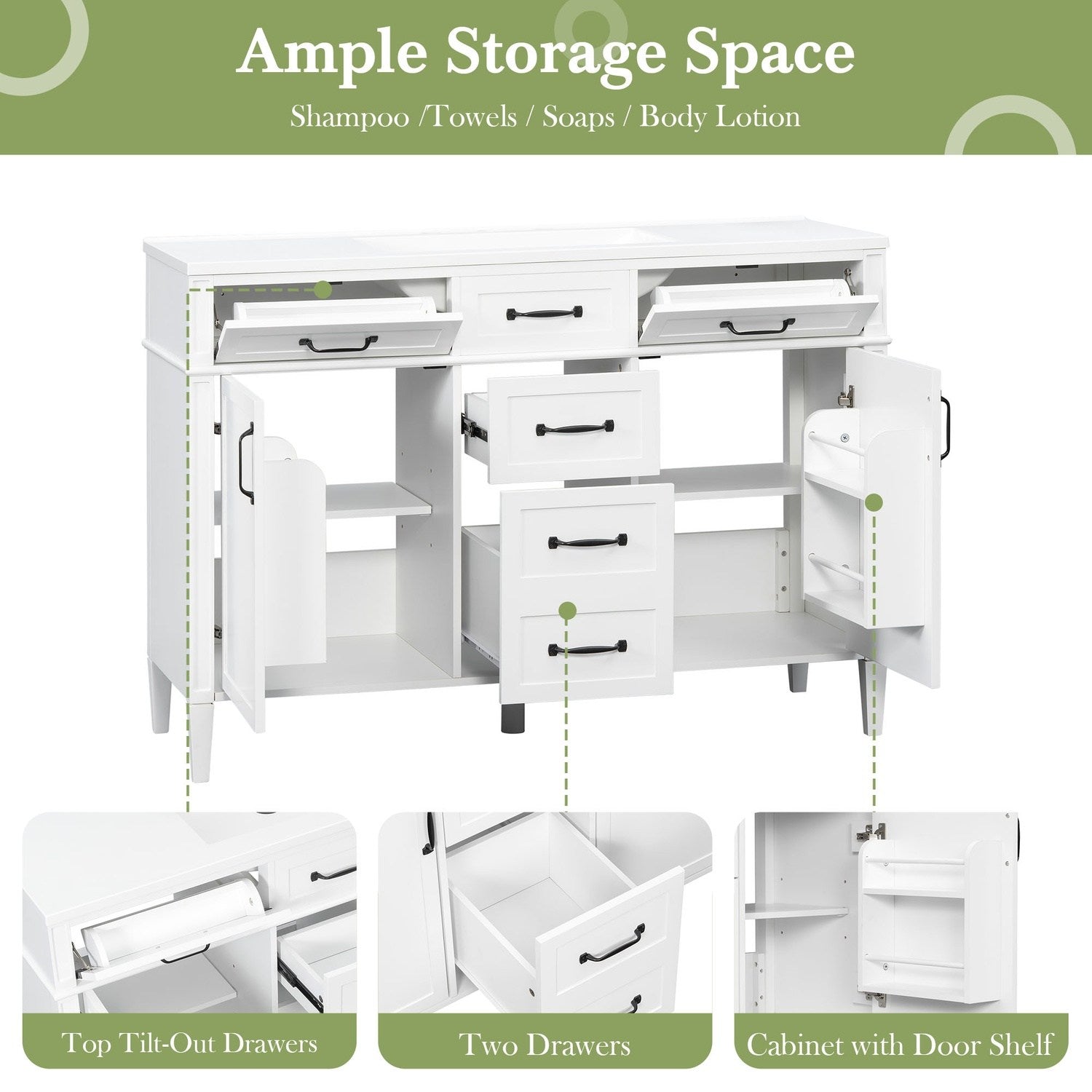 tilt-out front drawers and multi-compartment storage solutions for a 48 inch white bathroom vanity
