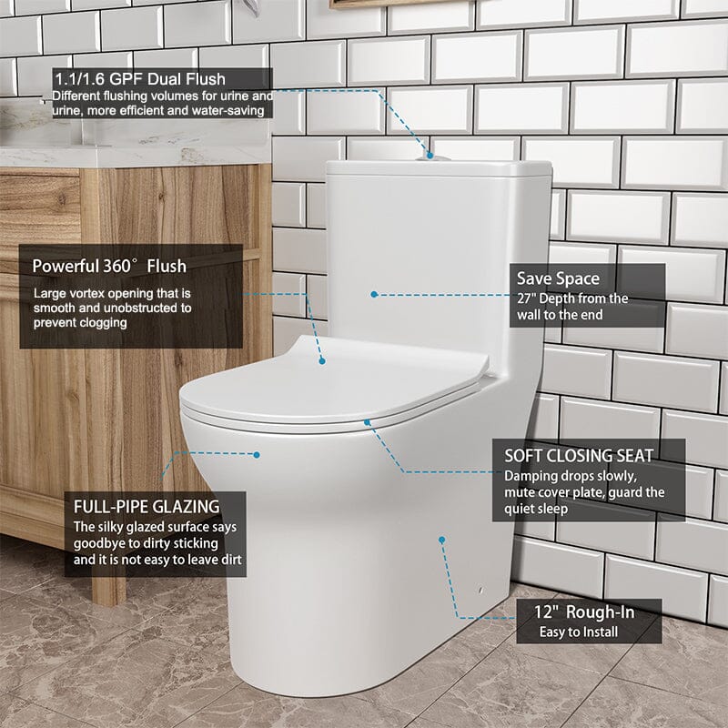 Dual Flush Elongated One Piece Toilet with Soft Close Seat Cover High-Efficiency Flush