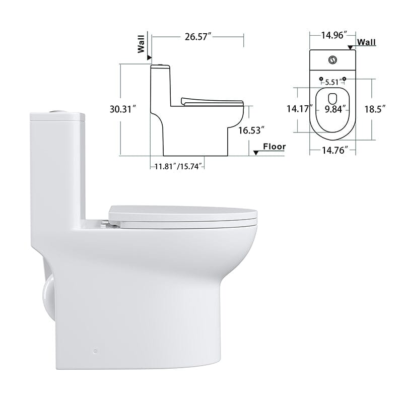 Modern Bathroom One-Piece Floor Mount Toilet 1.1/1.6 GPF Dual Flush High-Efficiency Flush