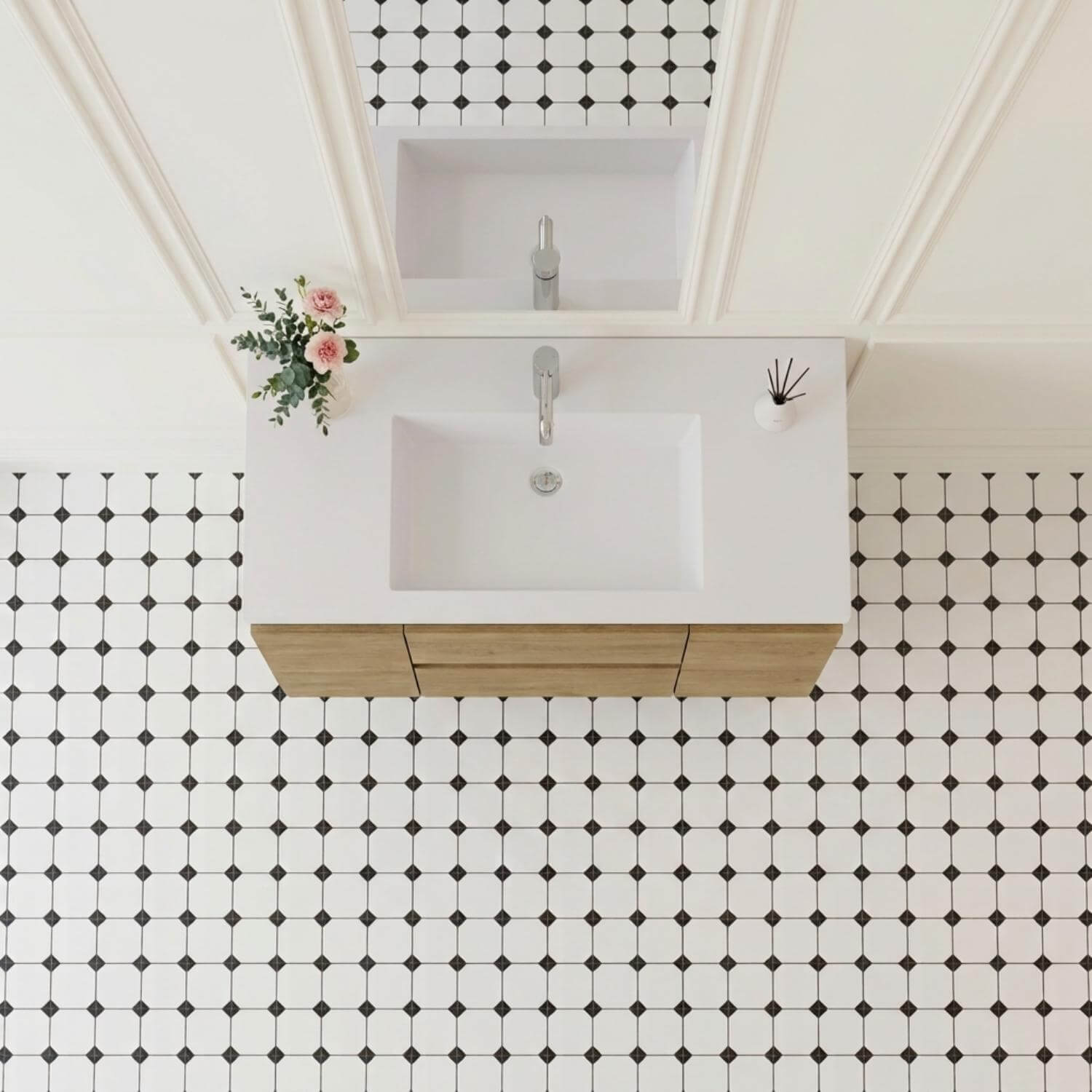 top down view of 48 inch wall hung vanity and integrated countertop