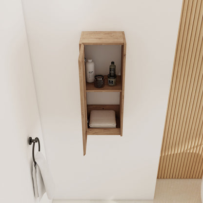 top view of 12 inch White Oak Bathroom Wall Cabinet with Rattan Door and Shelves
