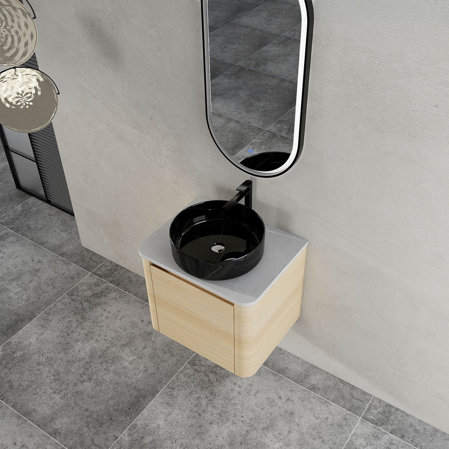 top view of 24 inch White Oak Bathroom Vanity with Black Marble Texture Ceramic Vessel Sink