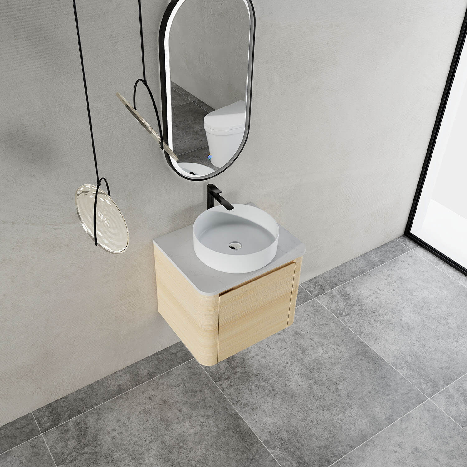 top view of 24 inch White Oak Bathroom Vanity with White Ceramic Vessel Sink