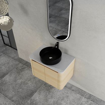 top view of 30 inch White Oak Bathroom Vanity with Black Ceramic Vessel Sink