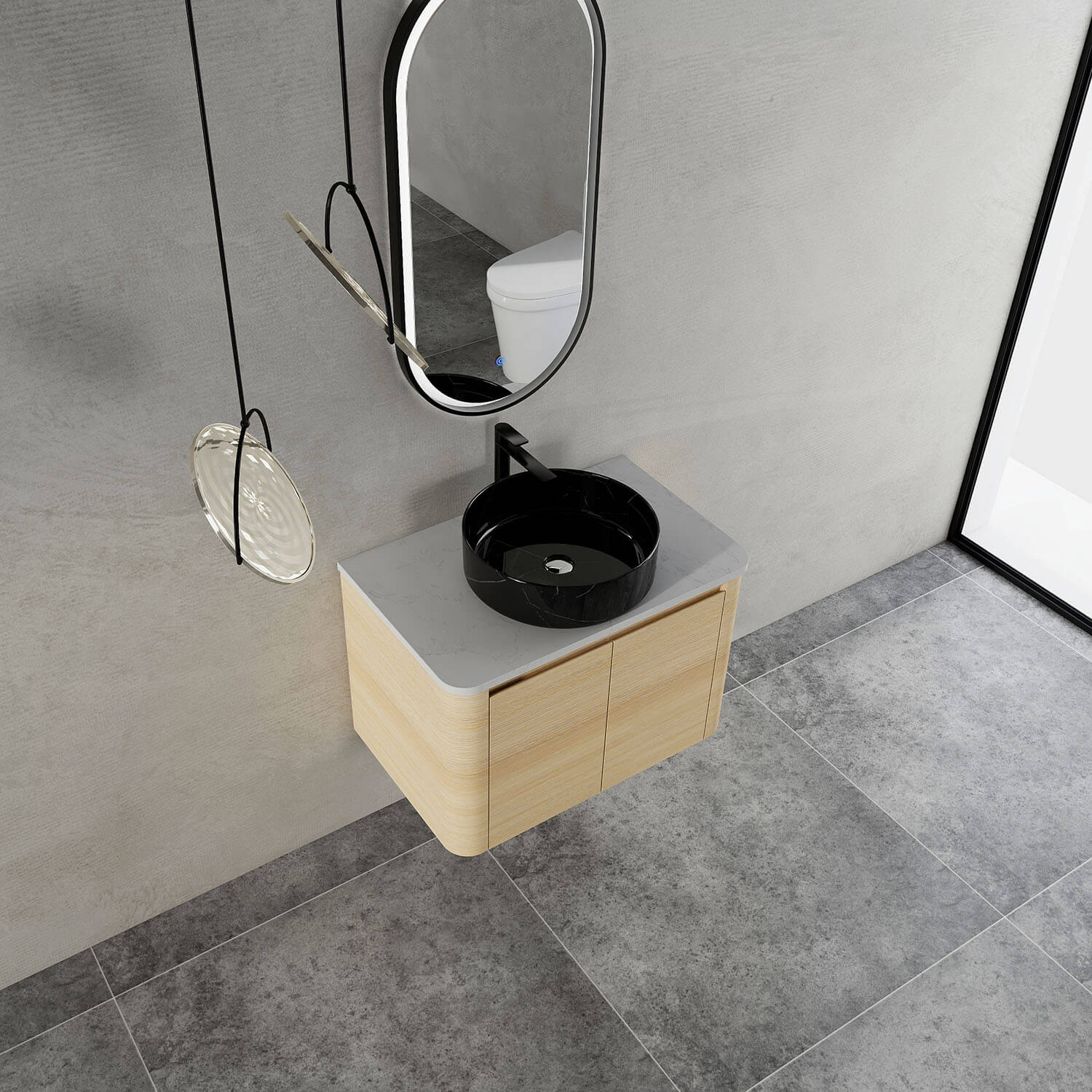 top view of 30 inch White Oak Bathroom Vanity with Black Marble Texture Ceramic Vessel Sink