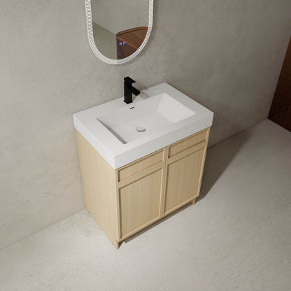top view of 30 inch White Oak Bathroom Vanity with Resin Sink and Soft Close Cabinet Doors