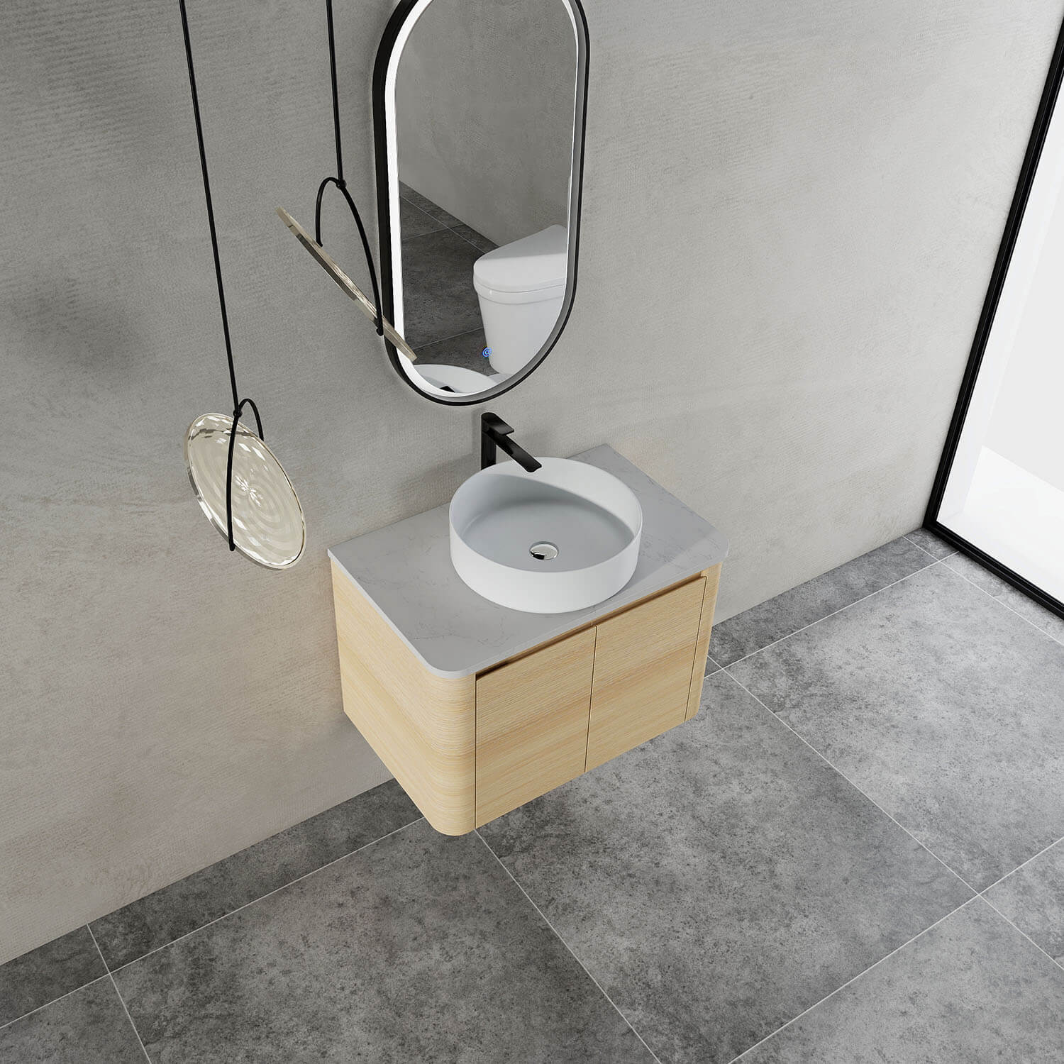 top view of 30 inch White Oak Bathroom Vanity with White Ceramic Vessel Sink