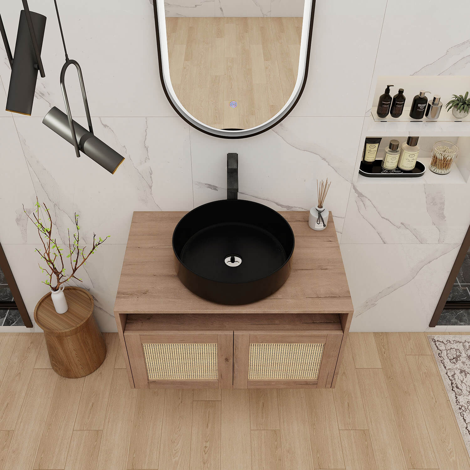 top view of 30 inch White Oak Floating Vanity with Black Ceramic Sink