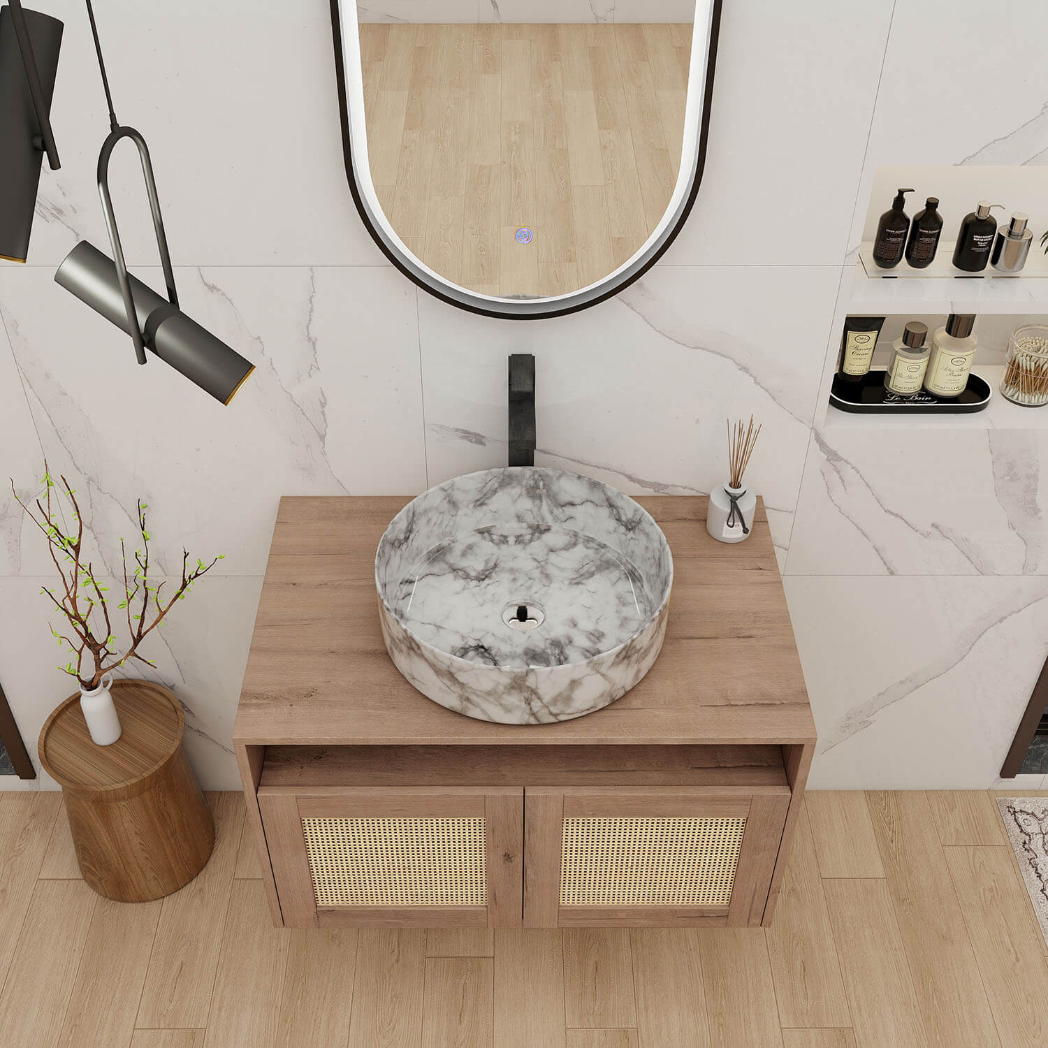 top view of 30 inch White Oak Floating Vanity with Marble-Veined Ceramic Sink