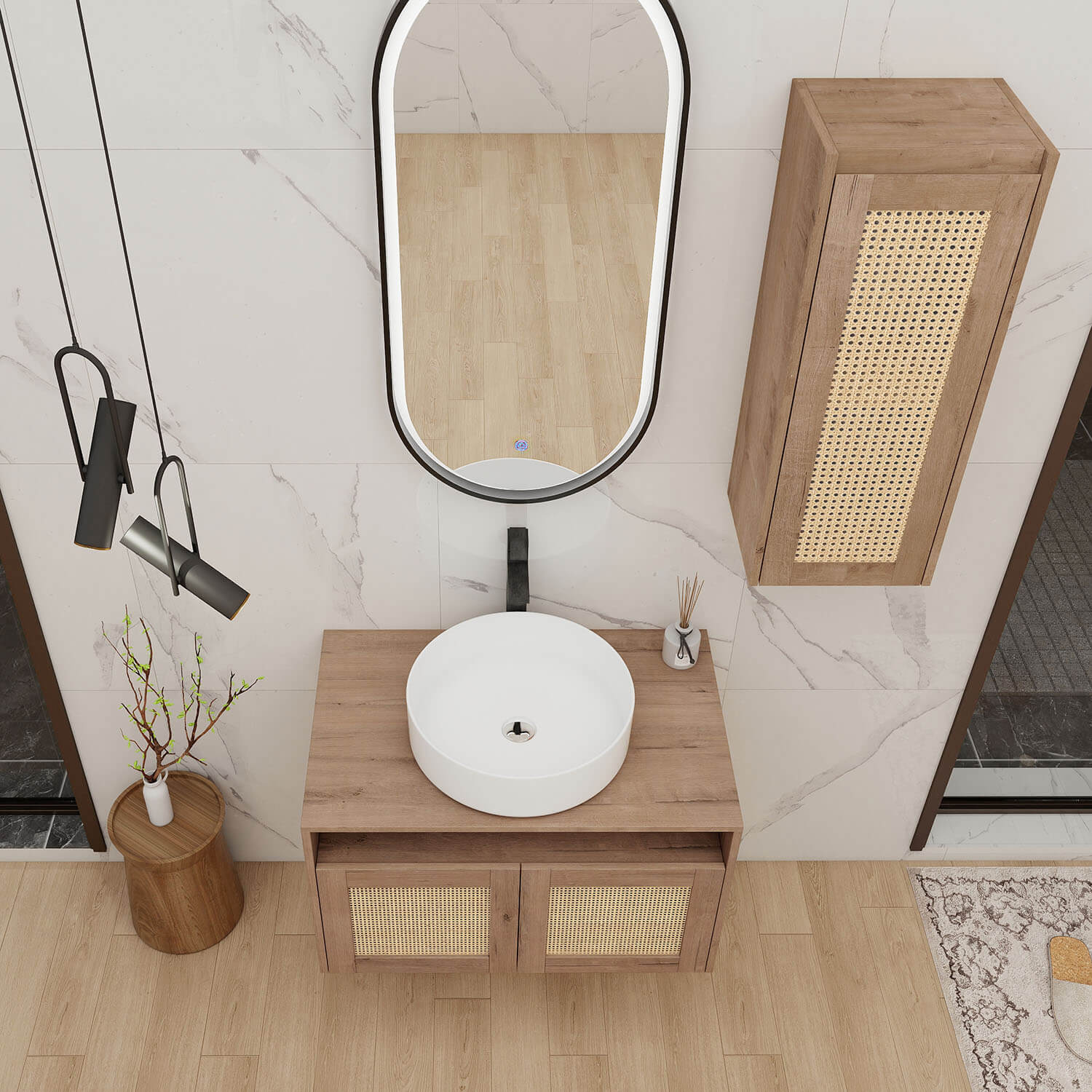 top view of 30 inch White Oak Floating Vanity with White Ceramic Sink