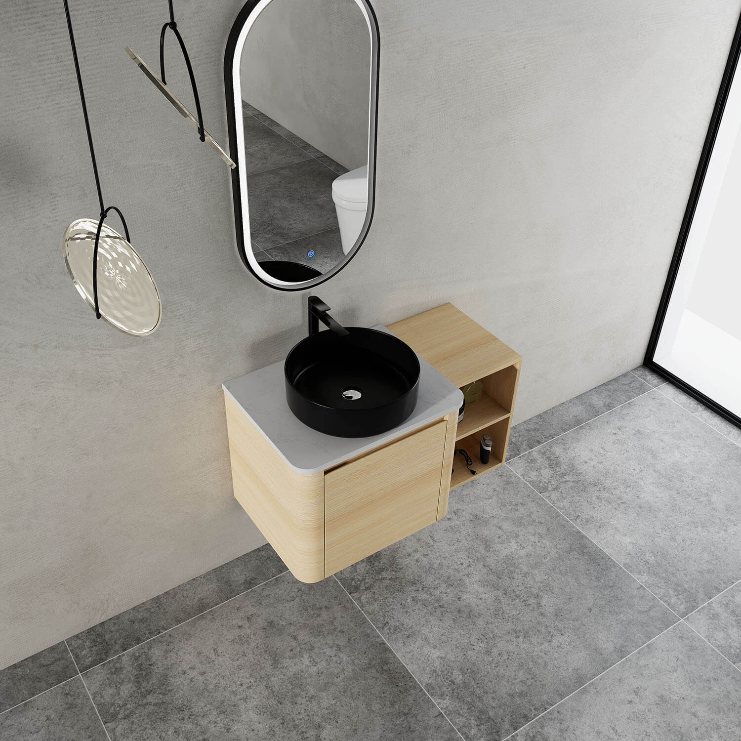 top view of 36 inch White Oak Bathroom Vanity with Black Ceramic Vessel Sink and Open Shelves