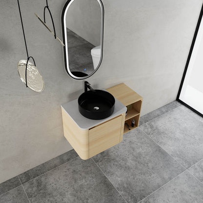 top view of 36 inch White Oak Bathroom Vanity with Black Ceramic Vessel Sink and Open Shelves