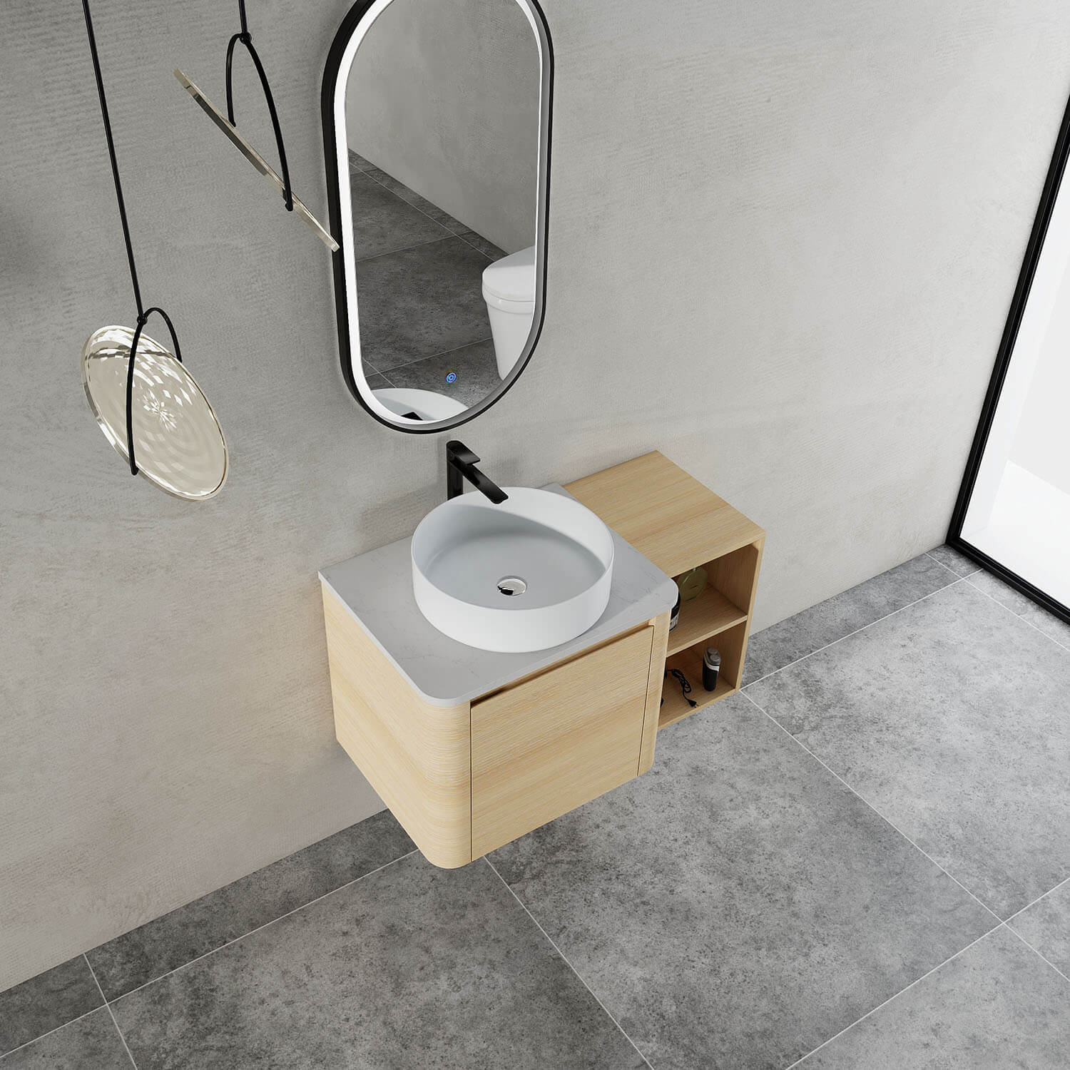 top view of 36 inch White Oak Bathroom Vanity with White Ceramic Vessel Sink and Open Shelves