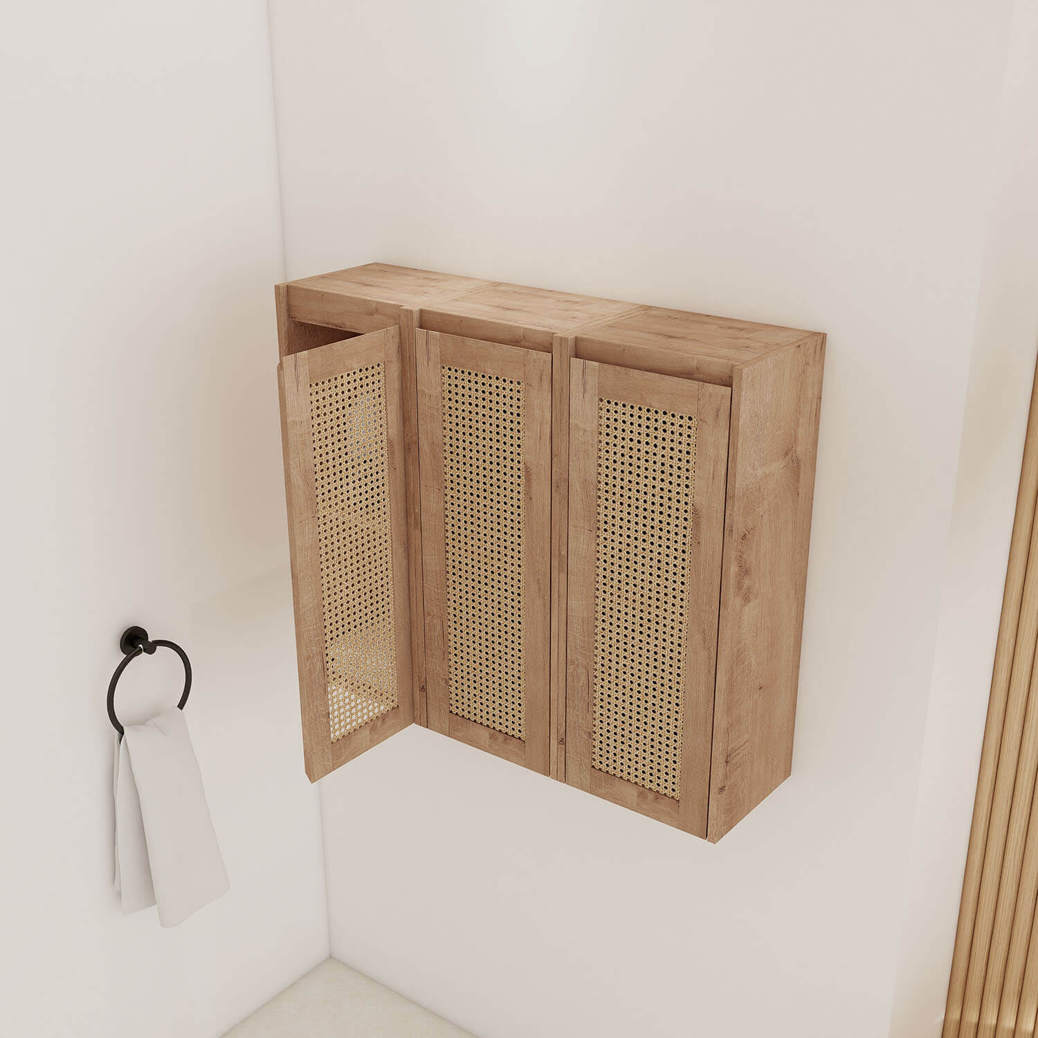 top view of 36 inch White Oak Bathroom Wall Cabinet with Rattan Door and Shelves