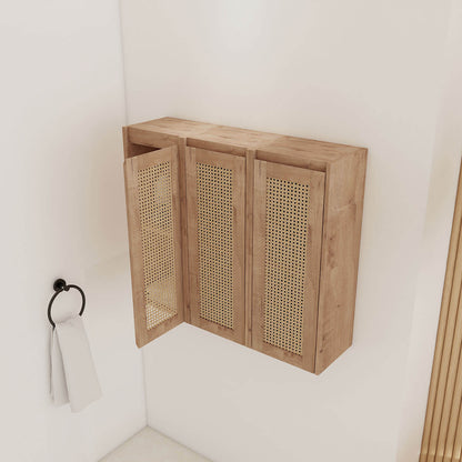 top view of 36 inch White Oak Bathroom Wall Cabinet with Rattan Door and Shelves