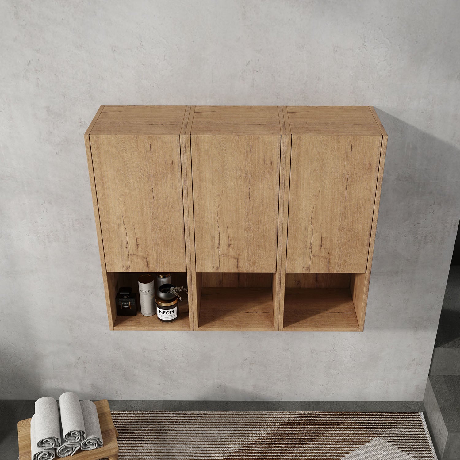 top view of 36 inch White Oak Bathroom Wall Cabinet with Soft Close Doors and Open Shelves
