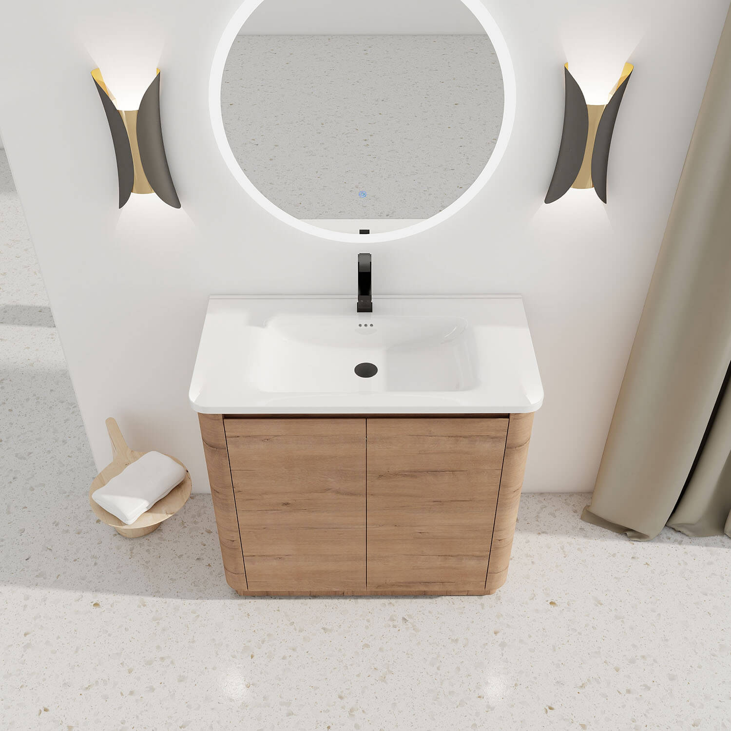 top view of 36 inch White Oak Freestanding Bathroom Vanity with White Ceramic Sink