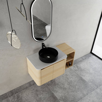 top view of 42 inch White Oak Bathroom Vanity with Black Ceramic Vessel Sink and Open Shelves