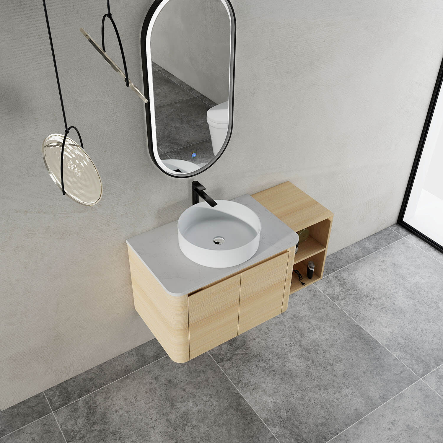 top view of 42 inch White Oak Bathroom Vanity with White Ceramic Vessel Sink and Open Shelves