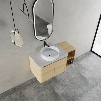 top view of 42 inch White Oak Bathroom Vanity with White Ceramic Vessel Sink and Open Shelves