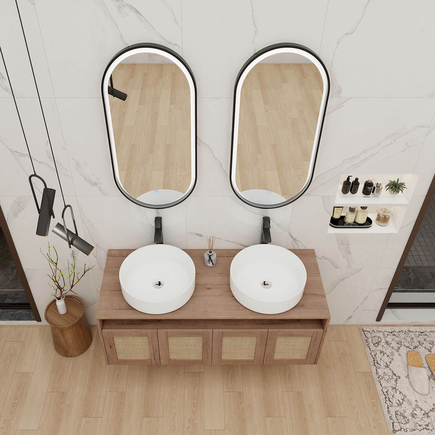 top view of 48 inch Double Basin Floating Vanity with White Ceramic Sink