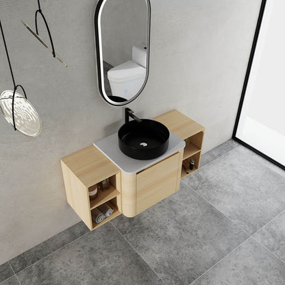 top view of 48 inch White Oak Bathroom Vanity with Black Ceramic Vessel Sink and Two Open Shelves