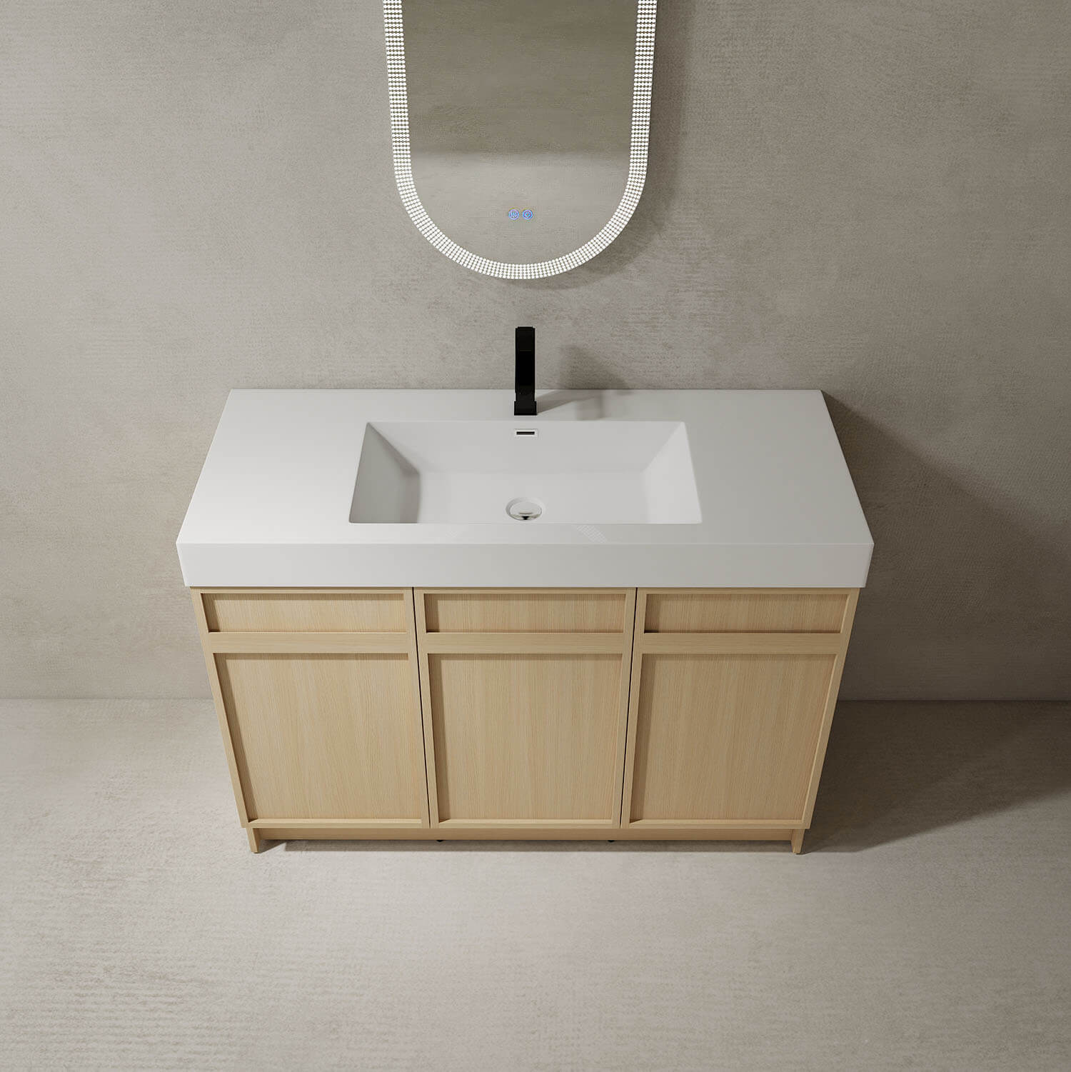 top view of 48 inch White Oak Bathroom Vanity with Resin Sink and Soft Close Cabinet Doors