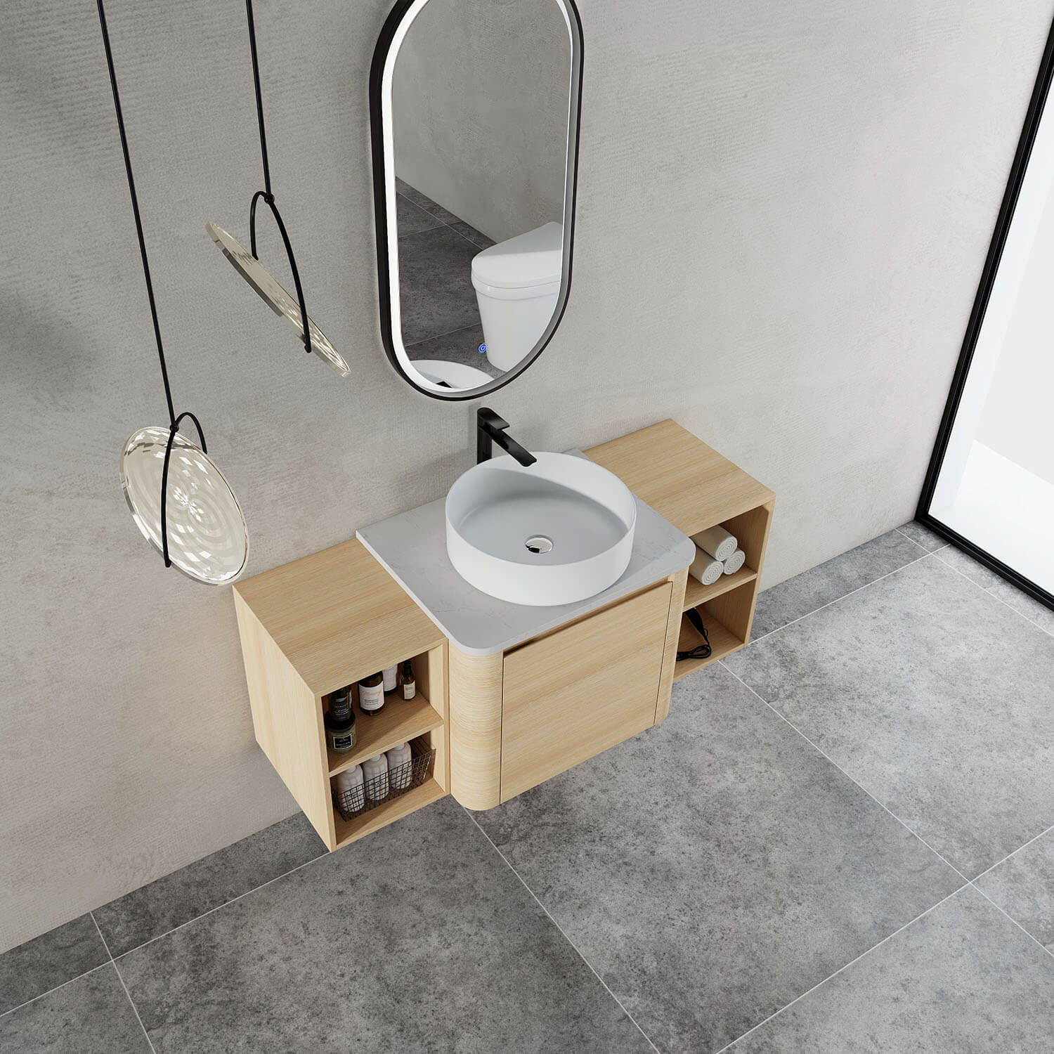 top view of 48 inch White Oak Bathroom Vanity with White Ceramic Vessel Sink and Two Open Shelves