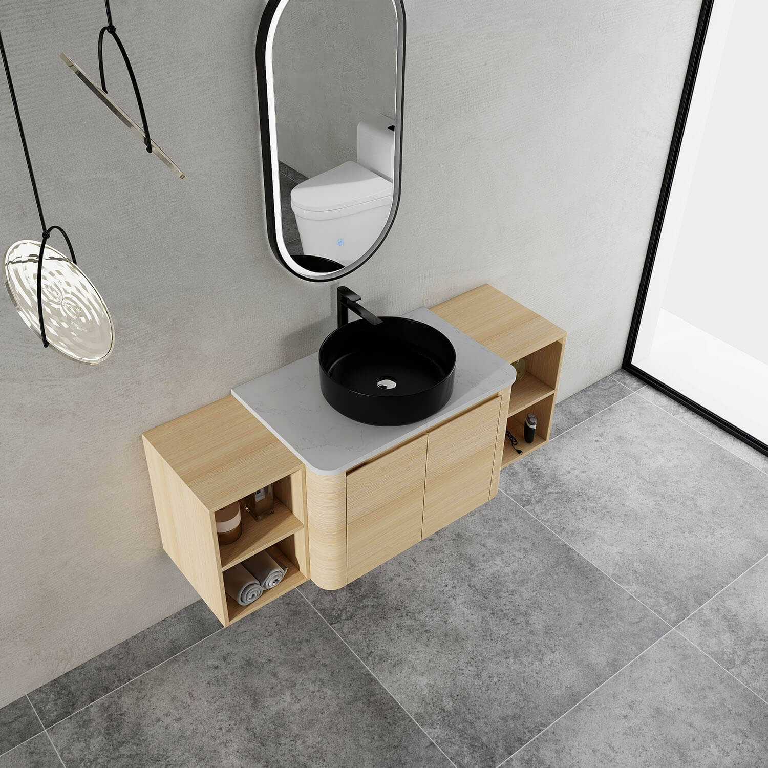 top view of 54 inch White Oak Bathroom Vanity with Black Ceramic Vessel Sink and Two Open Shelves