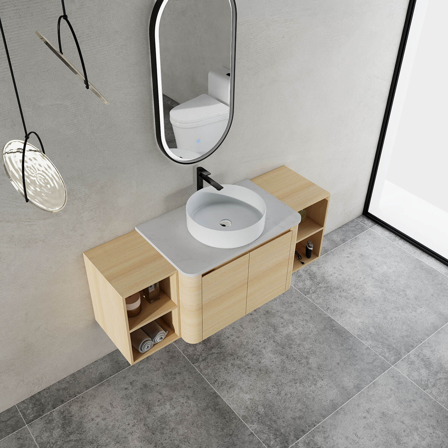 top view of 54 inch White Oak Bathroom Vanity with White Ceramic Vessel Sink and Two Open Shelves