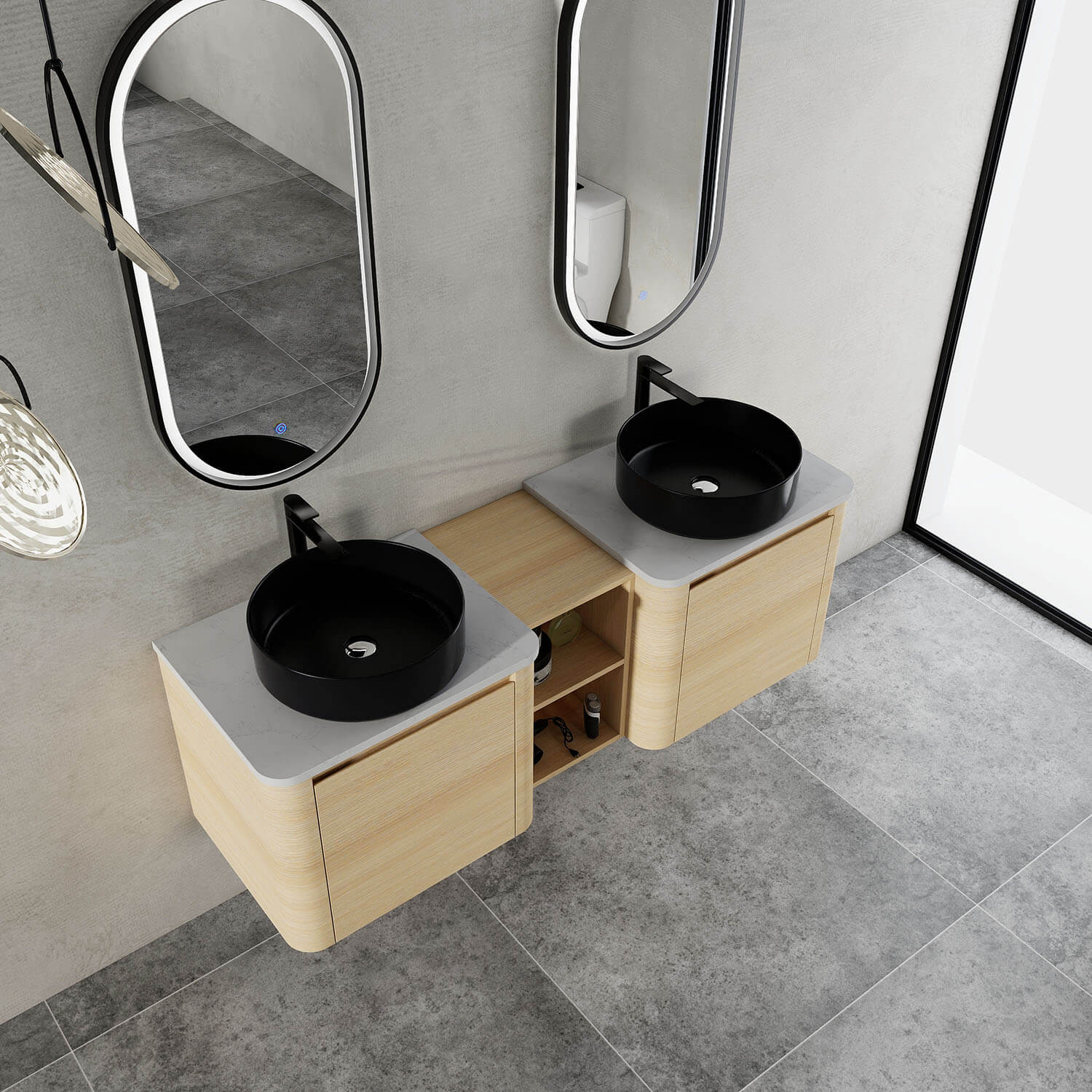 top view of 60 inch White Oak Bathroom Vanity with Double Black Ceramic Sink and Open Shelves
